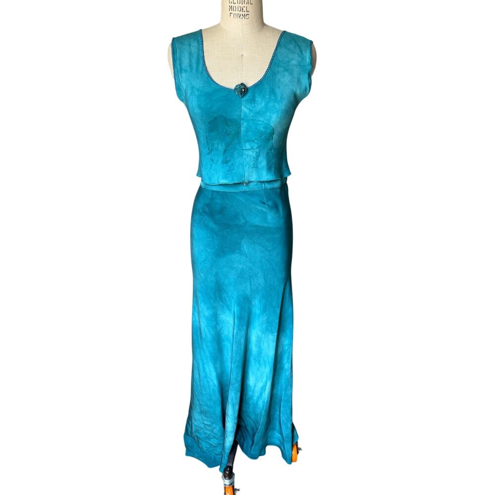 Jordan Art Couture Stretch Silk Skirt and Crop Top in Turquoise Size Small